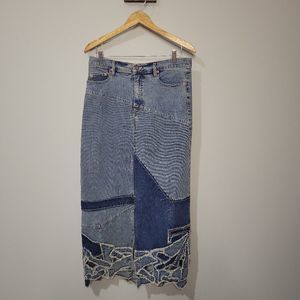 Pepe Jeans London Denim Patchwork with Raw Hem & High Split Maxi Skirt Size XL